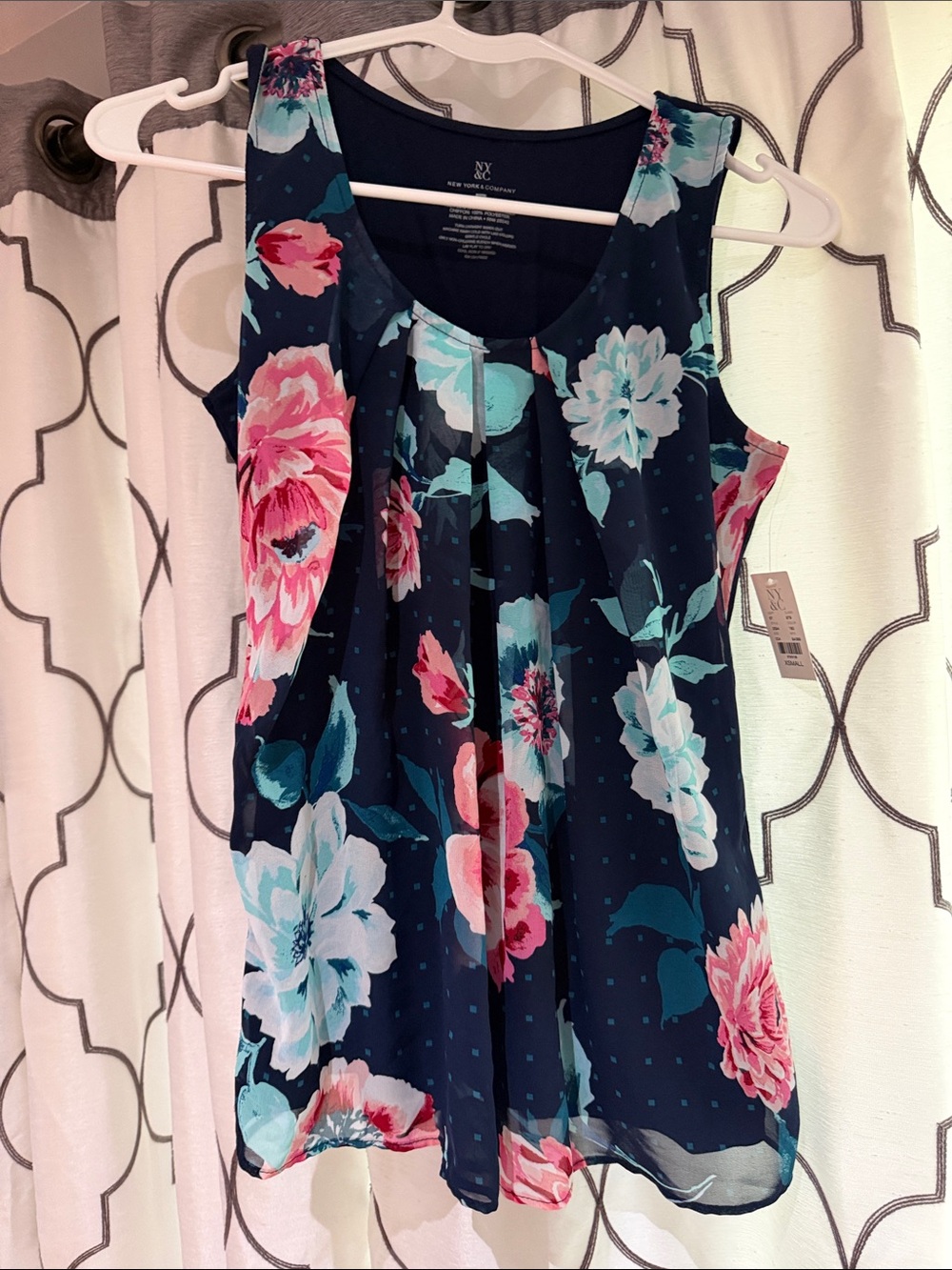 New York & Company Navy Floral Pleated Tank with Pink & Aqua Blooms
